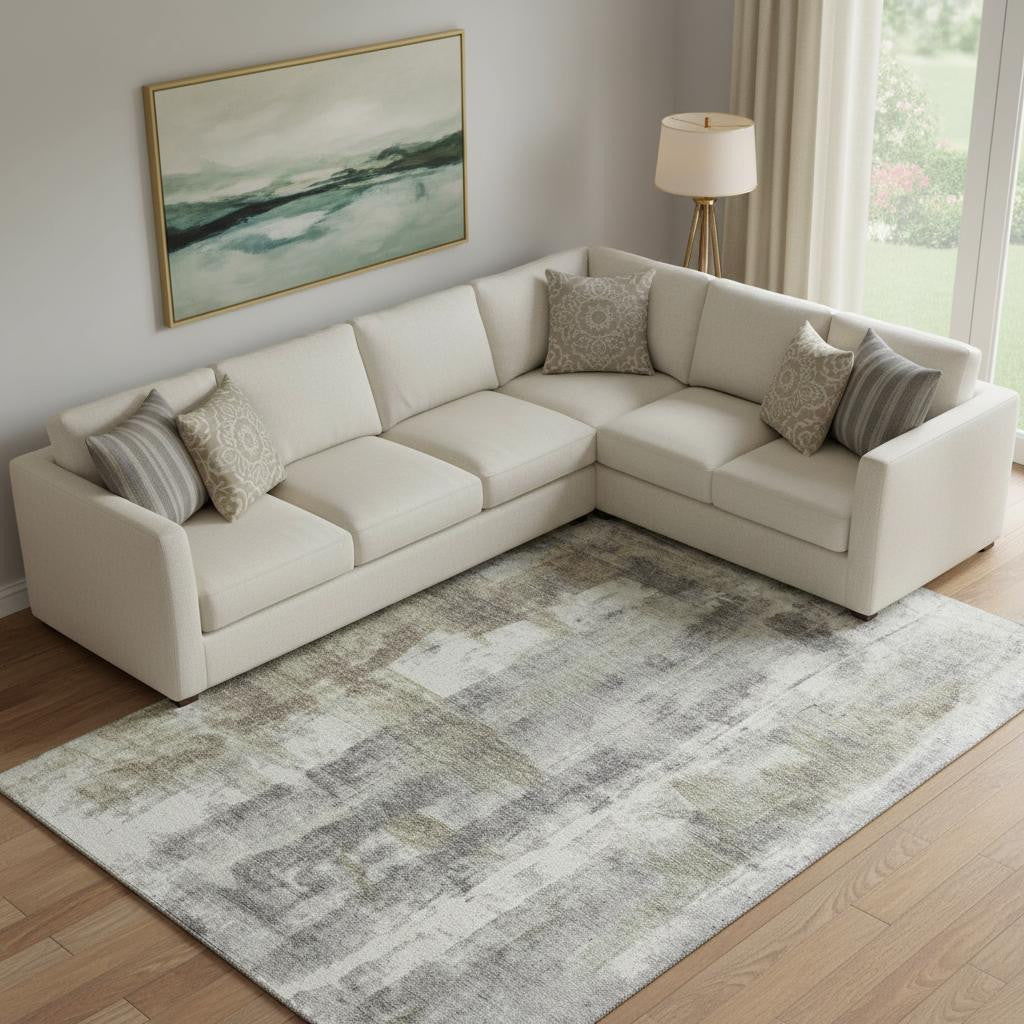 10' X 14' Beige Gray And Ivory Abstract Washable Area Rug With UV Protection