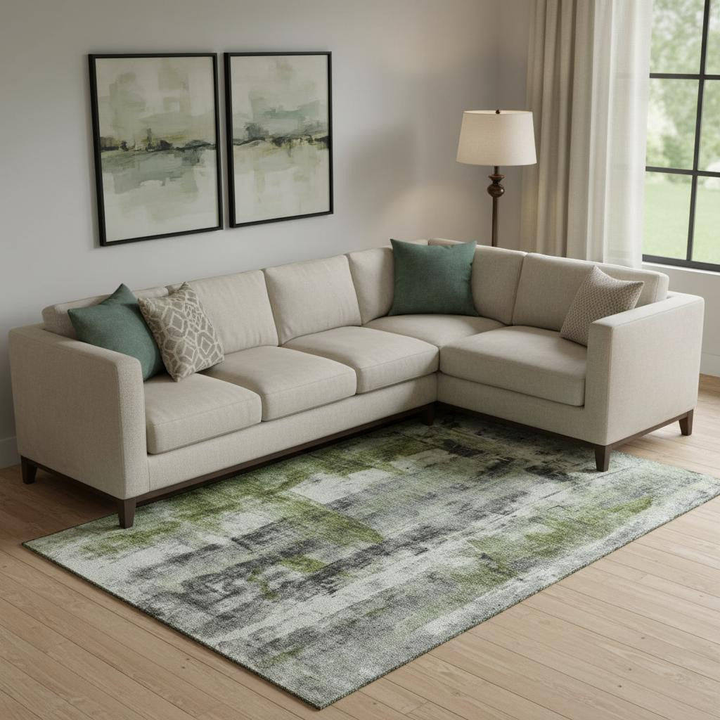 10' X 14' Olive Green Charcoal And Ivory Abstract Washable Area Rug With UV Protection