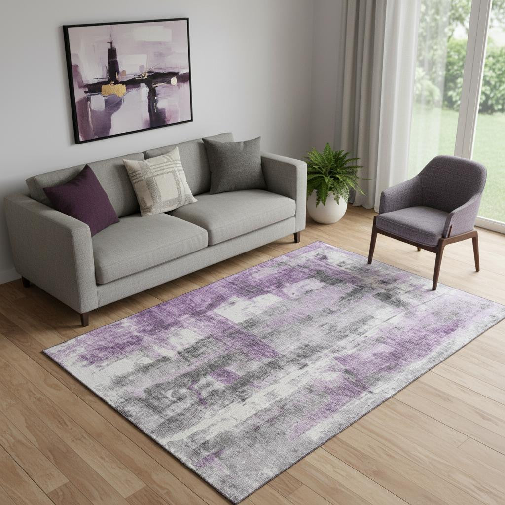 5' X 8' Purple Charcoal And Ivory Abstract Washable Area Rug With UV Protection