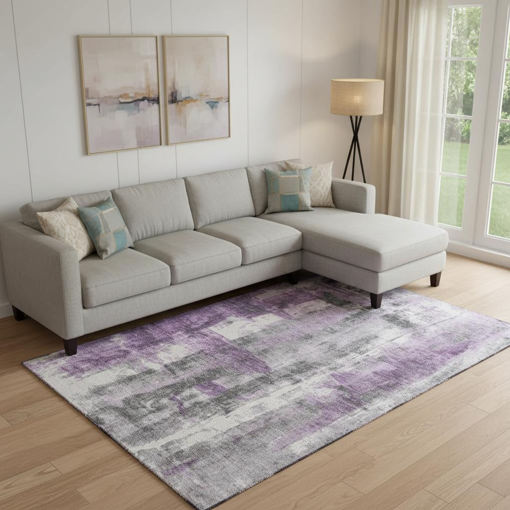 9' X 12' Purple Charcoal And Ivory Abstract Washable Area Rug With UV Protection