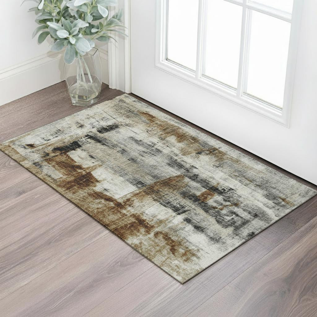 3' X 5' Taupe Charcoal And Brown Abstract Washable Area Rug With UV Protection