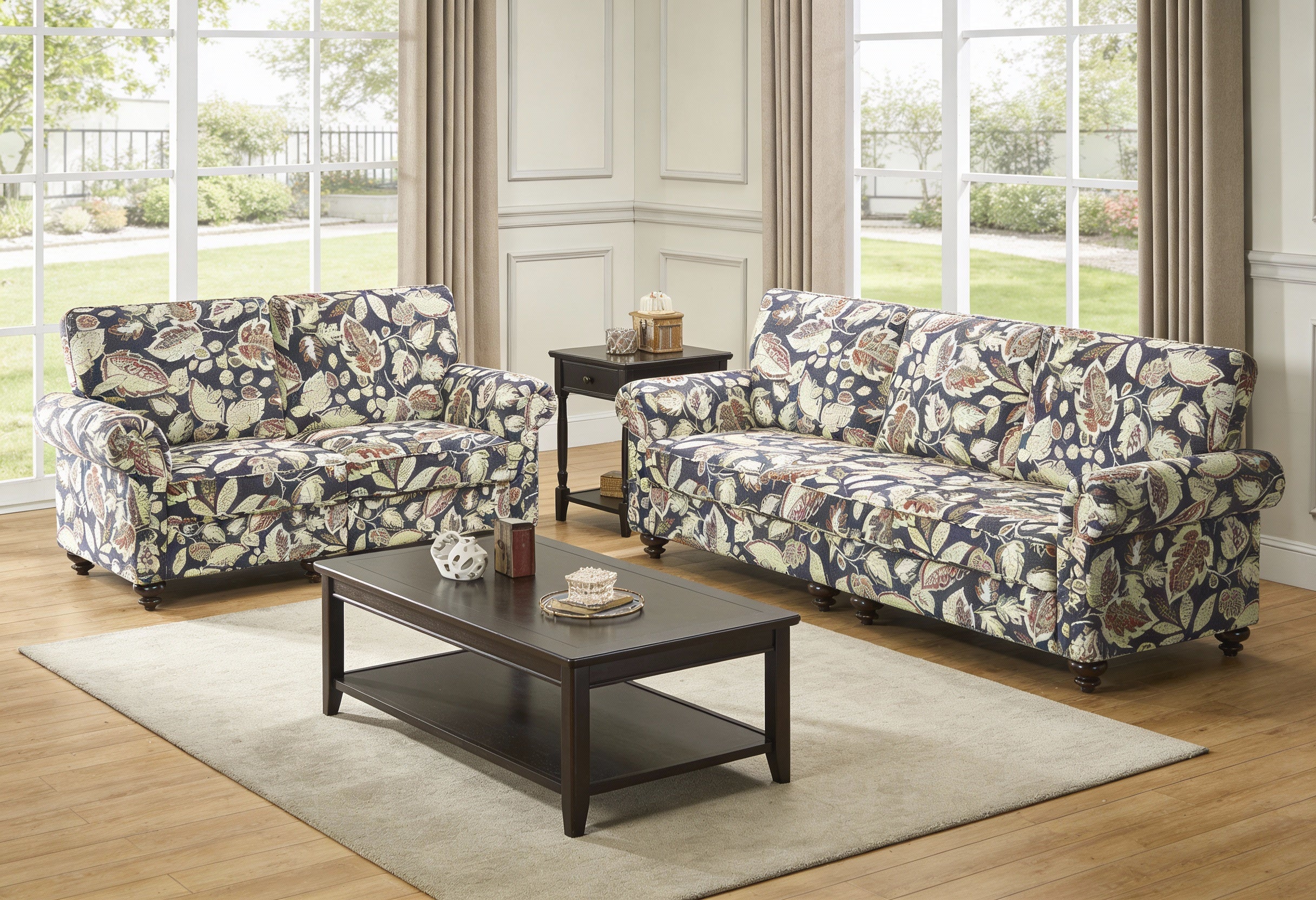 Two Piece Navy Blue Off White And Sage Floral Upholstered Seating Set