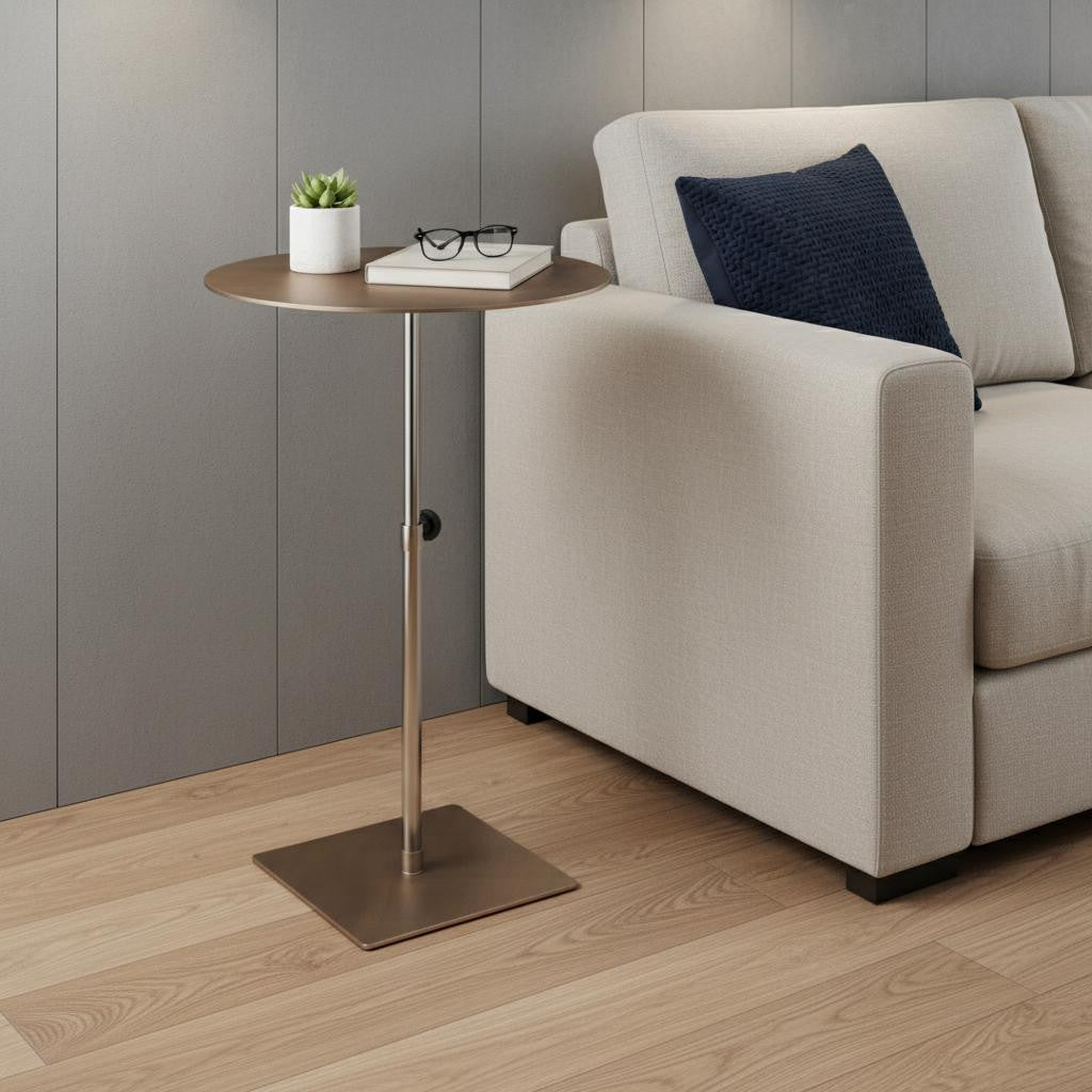 Bronze And Silver Steel Height Adjustable Round Pedestal End Table