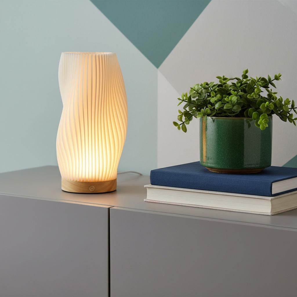 9" Beige And Natural Wavy Geometric Battery Operated Table Lamp
