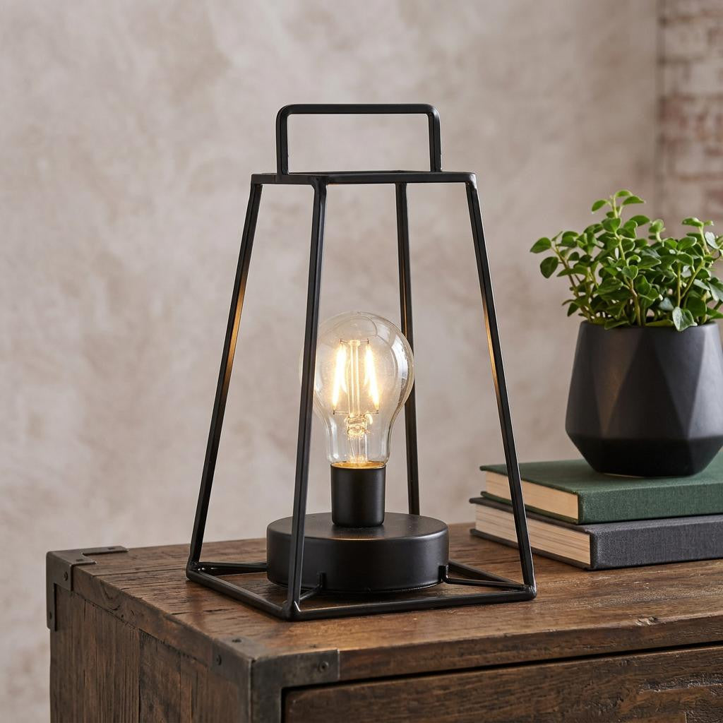 10" Black Metal Geometric Battery Operated Desk Lamp With Novelty Shade