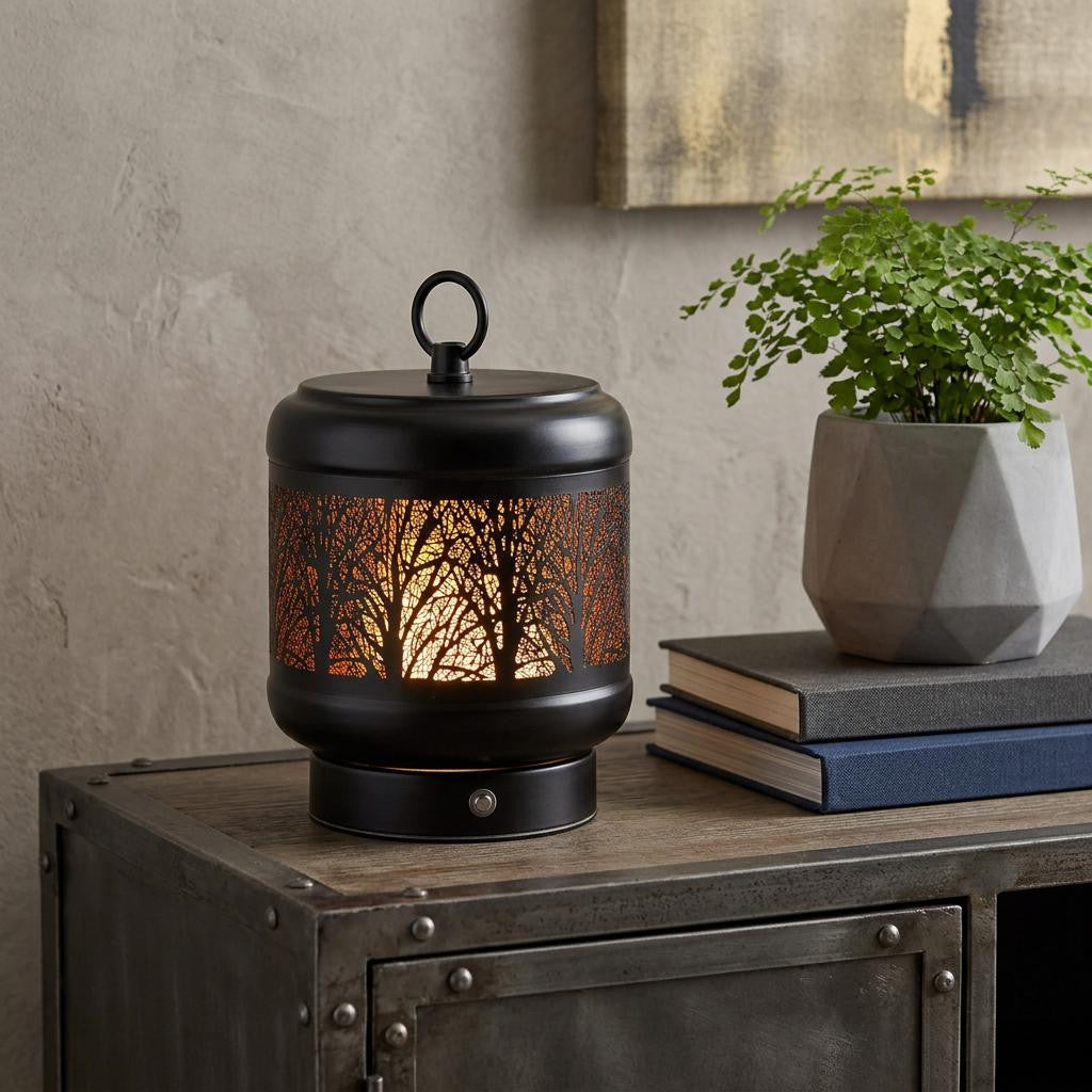 9" Black Pierced Trees Geometric Battery Operated Desk Lamp With Novelty Shade