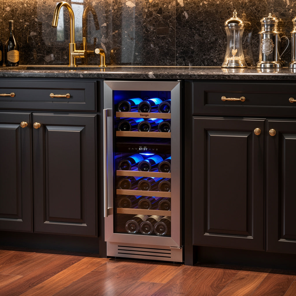 34" X 15" Silver Stainless Steel Dual Compartment Wine Refrigerator