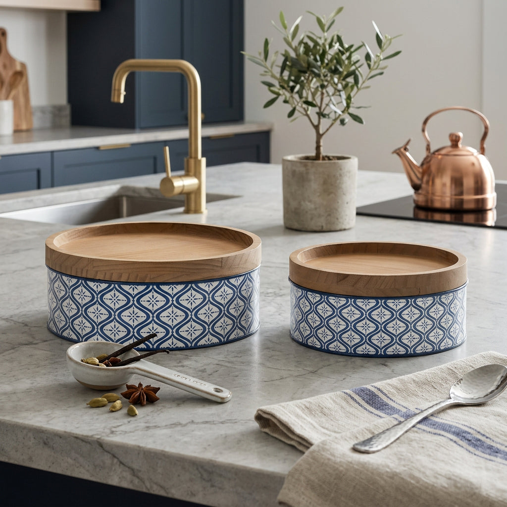 Set of Two Blue And White Metal And Solid Wood Geometric Storage Canisters