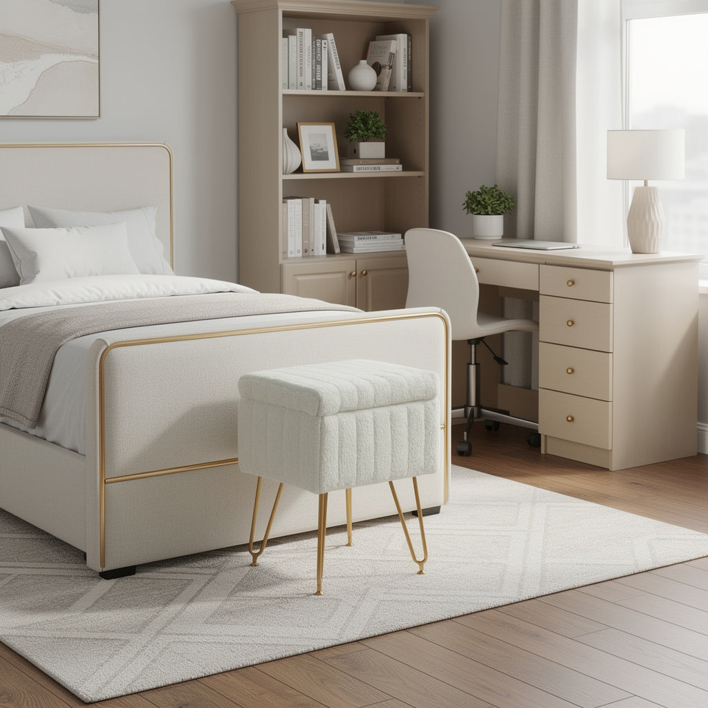 19" White and Gold Faux Fur Tufted Storage Ottoman