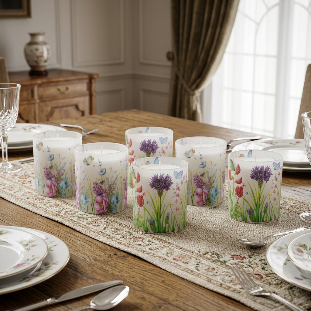 Set of Six Green White Green And Purple Floral Glass Tabletop Votive Candle Holders
