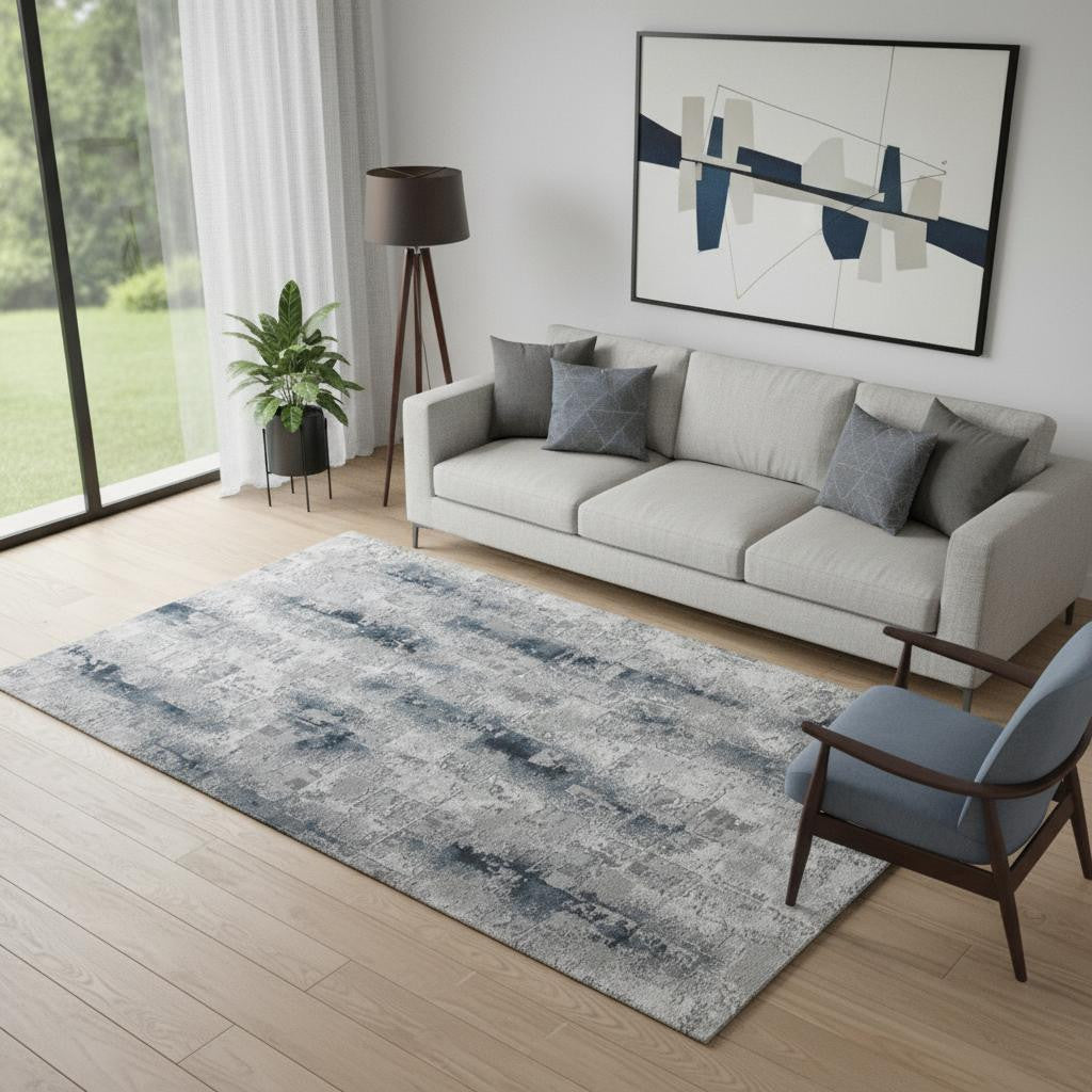 5' X 8' Blue And White Abstract Distressed Area Rug