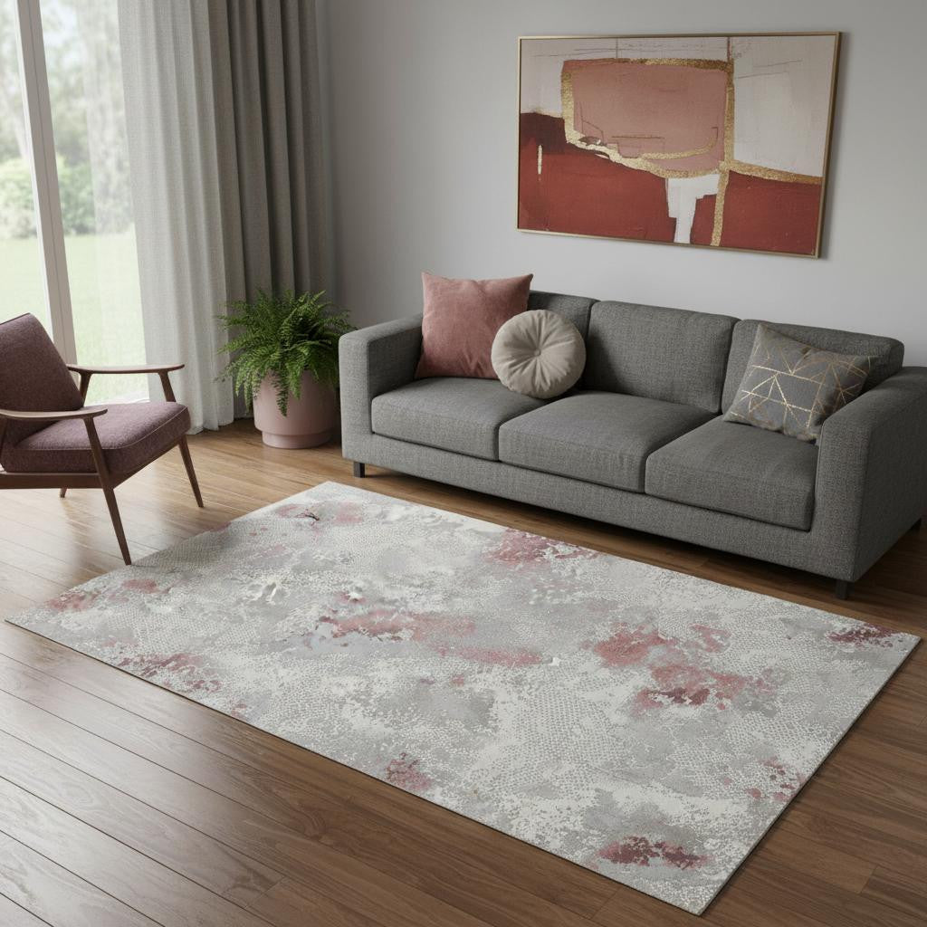 5' X 8' Gray Ivory And Pink Abstract Distressed Area Rug