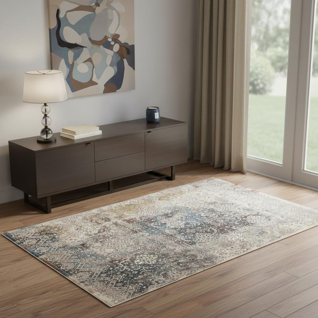 4' X 6' Blue And Orange Medallion Distressed Area Rug With Fringe
