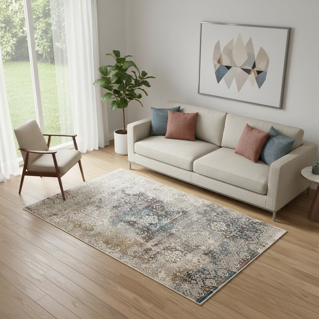 5' X 8' Blue And Orange Medallion Distressed Area Rug With Fringe