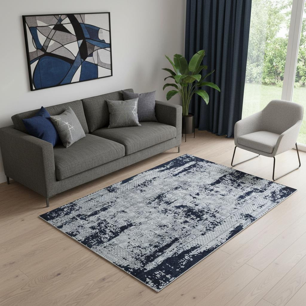 5' X 8' Gray And Navy Blue Abstract Distressed Area Rug With Fringe