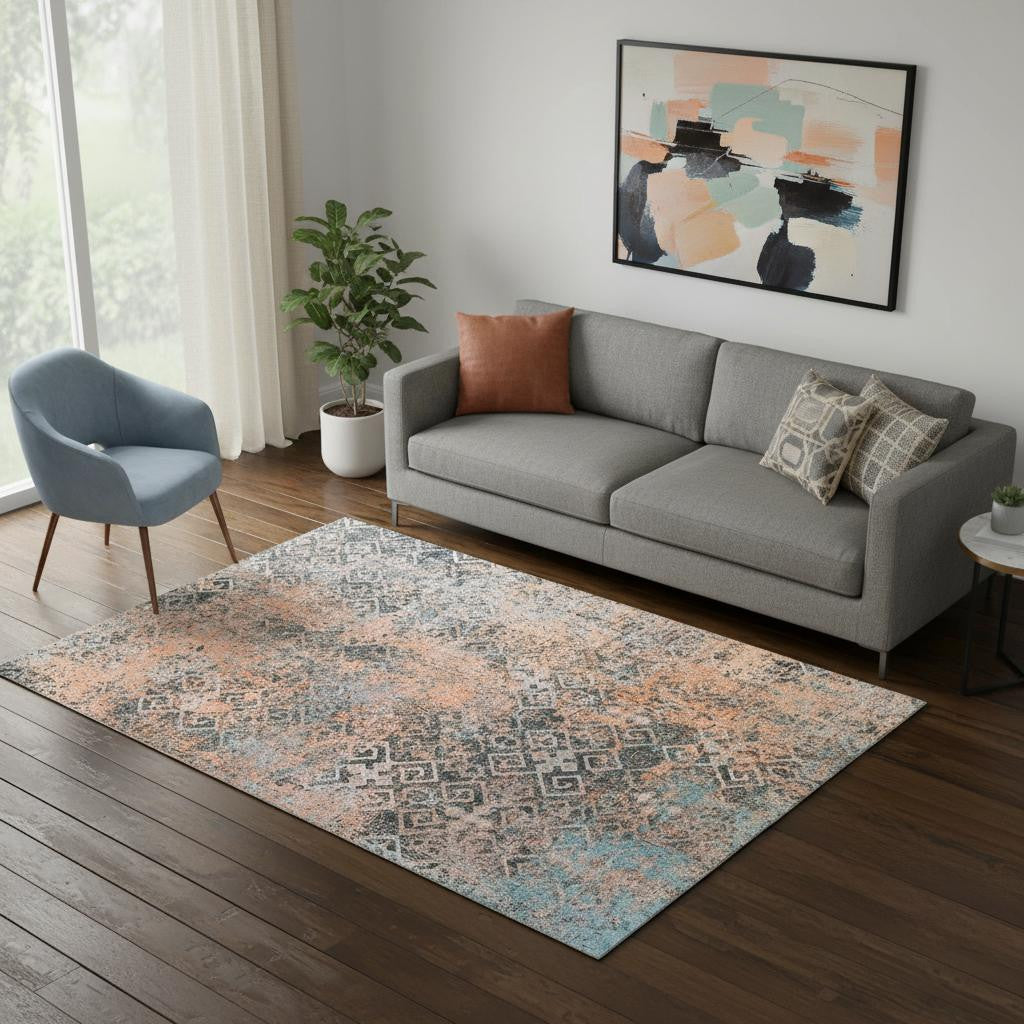 5' X 8' Blue And Orange Abstract Distressed Area Rug