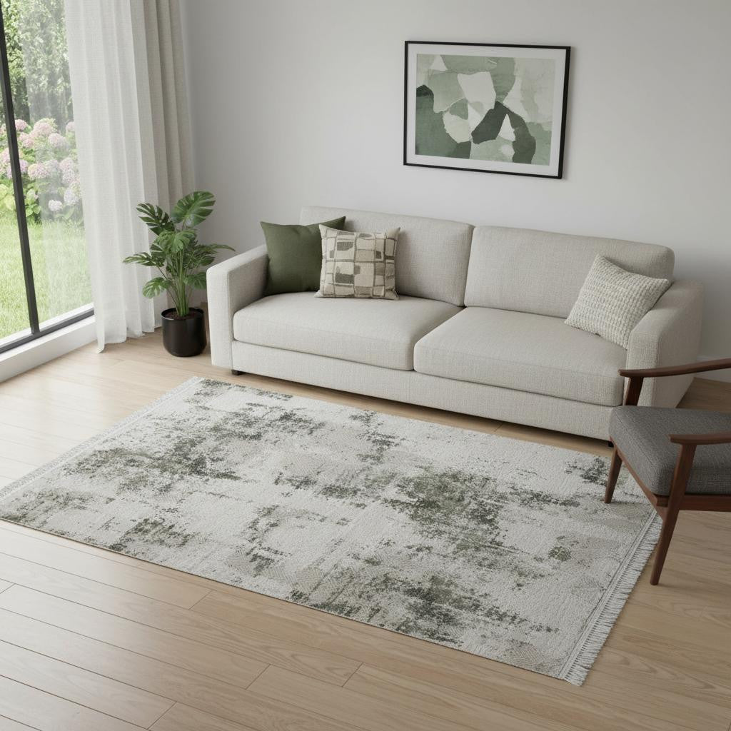 5' X 8' Gray And Green Abstract Distressed Area Rug With Fringe