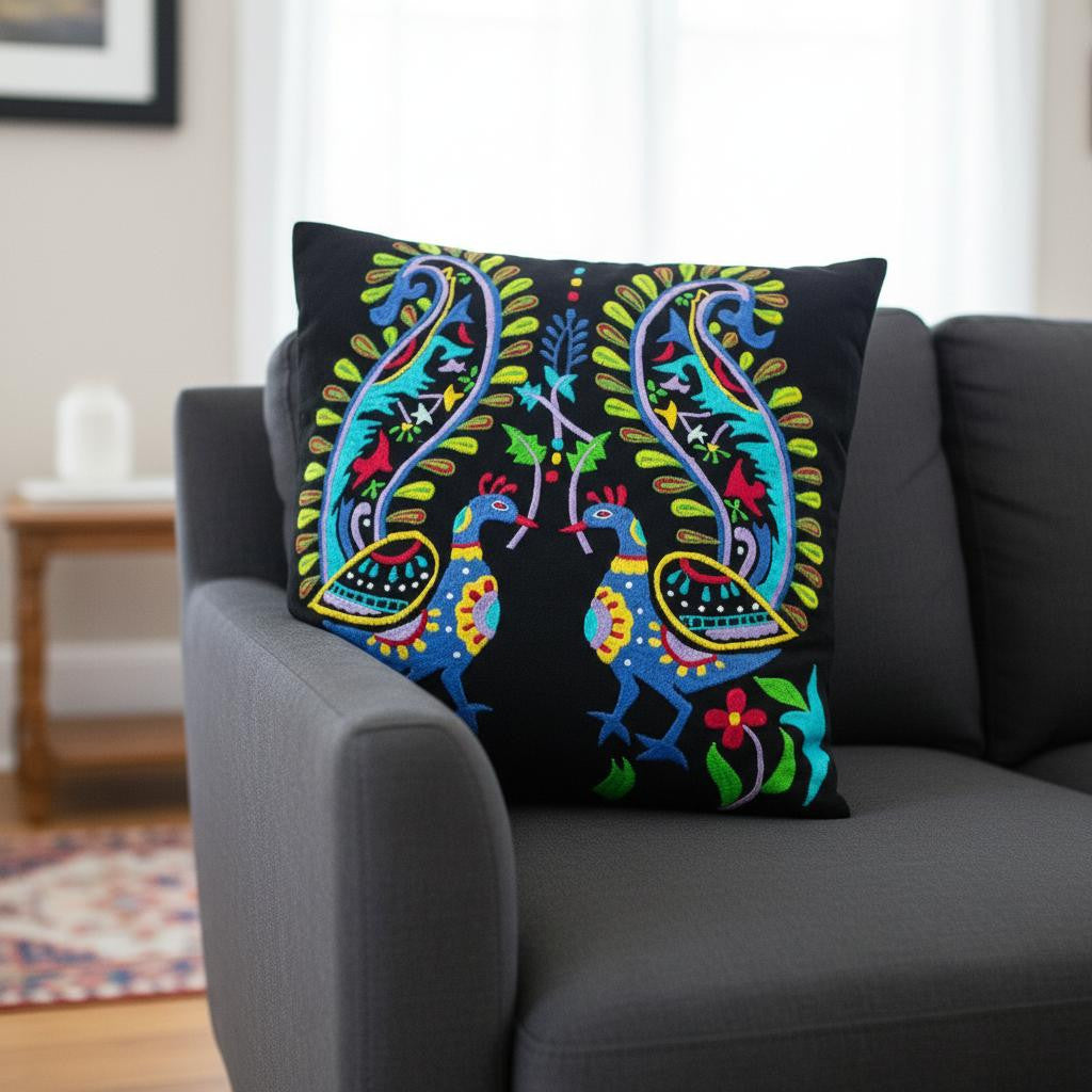Set of Two 18" Black And Blue Peacock Cotton Throw Pillows with Embroidery