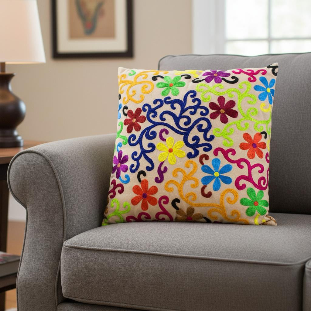 Set of Two 20" Natural Blue And Yellow Floral Cotton Throw Pillows with Embroidery