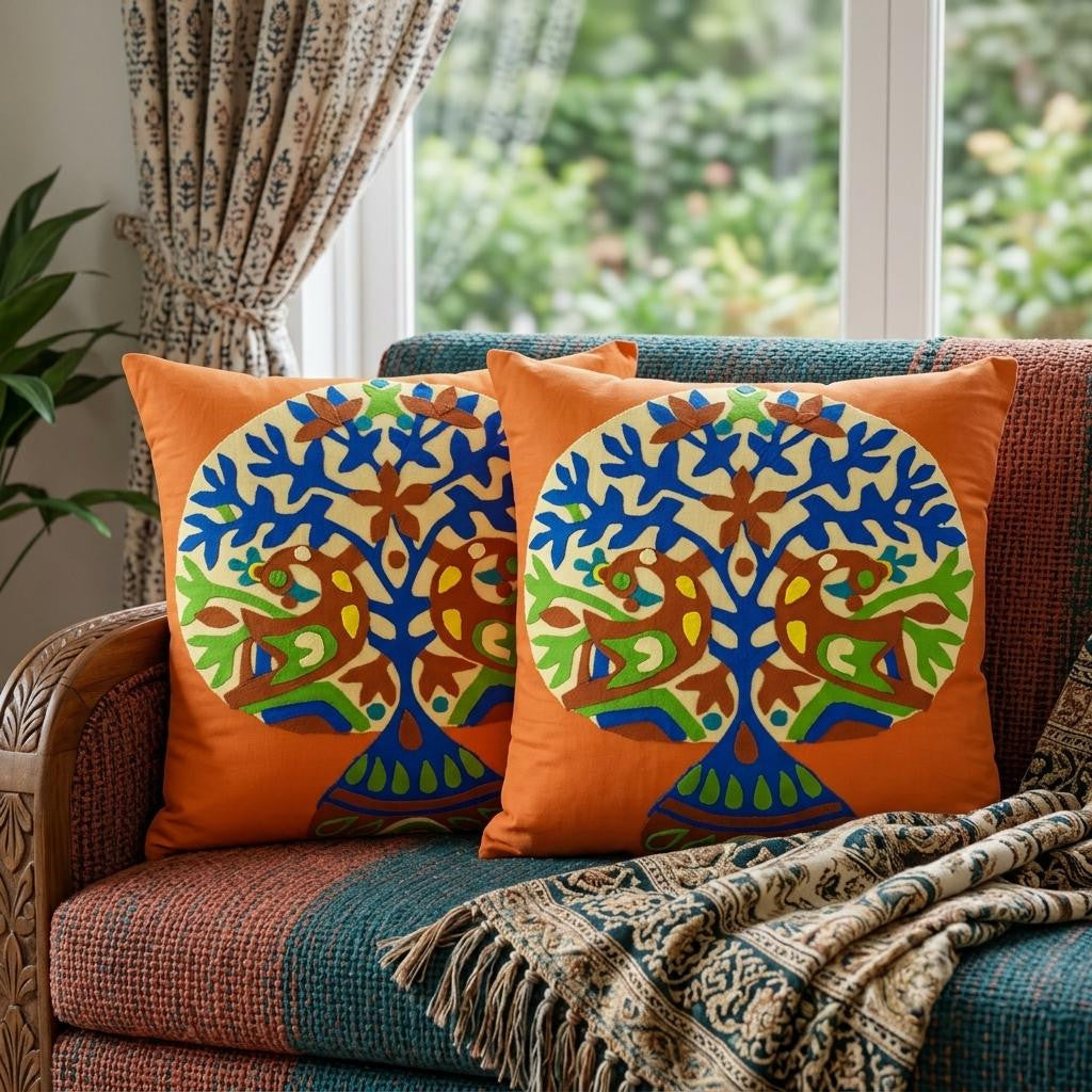 Set of Two 16" Orange And Blue Patchwork Tree Cotton Throw Pillows with Applique And Embroidery
