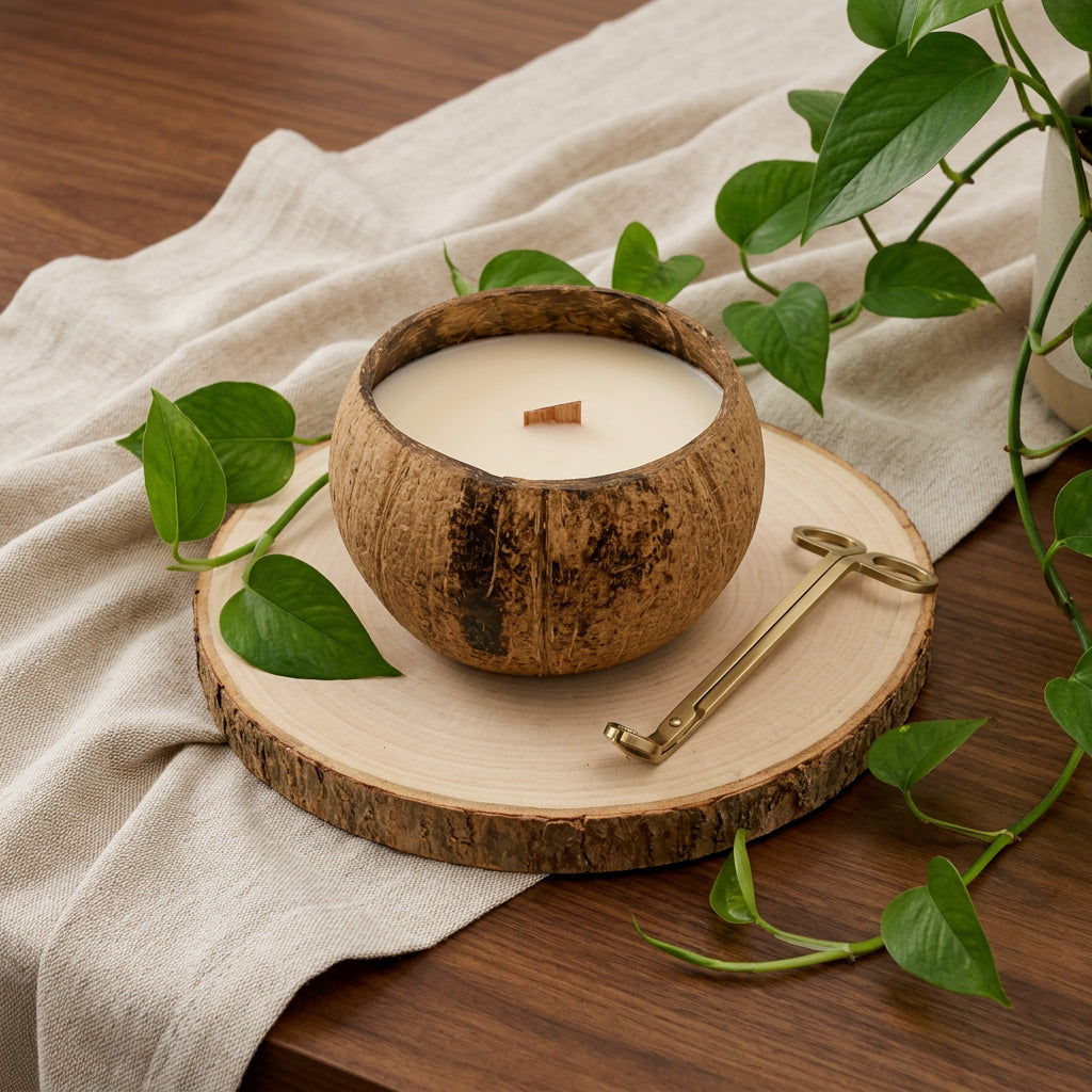 4" Ivory Unscented Candle In Brown Coconut Shell Holder