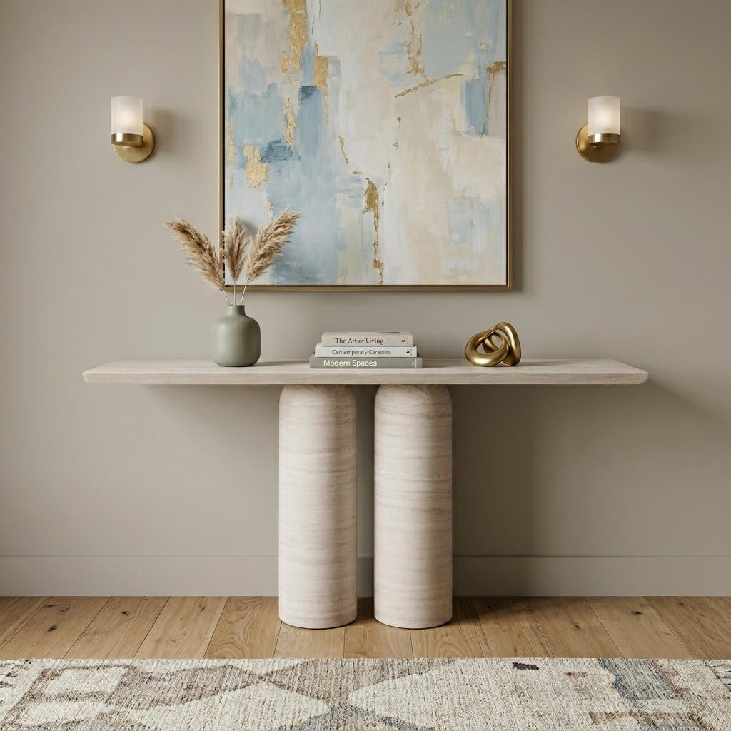 60" Beige Genuine Marble Pedestal Console Table