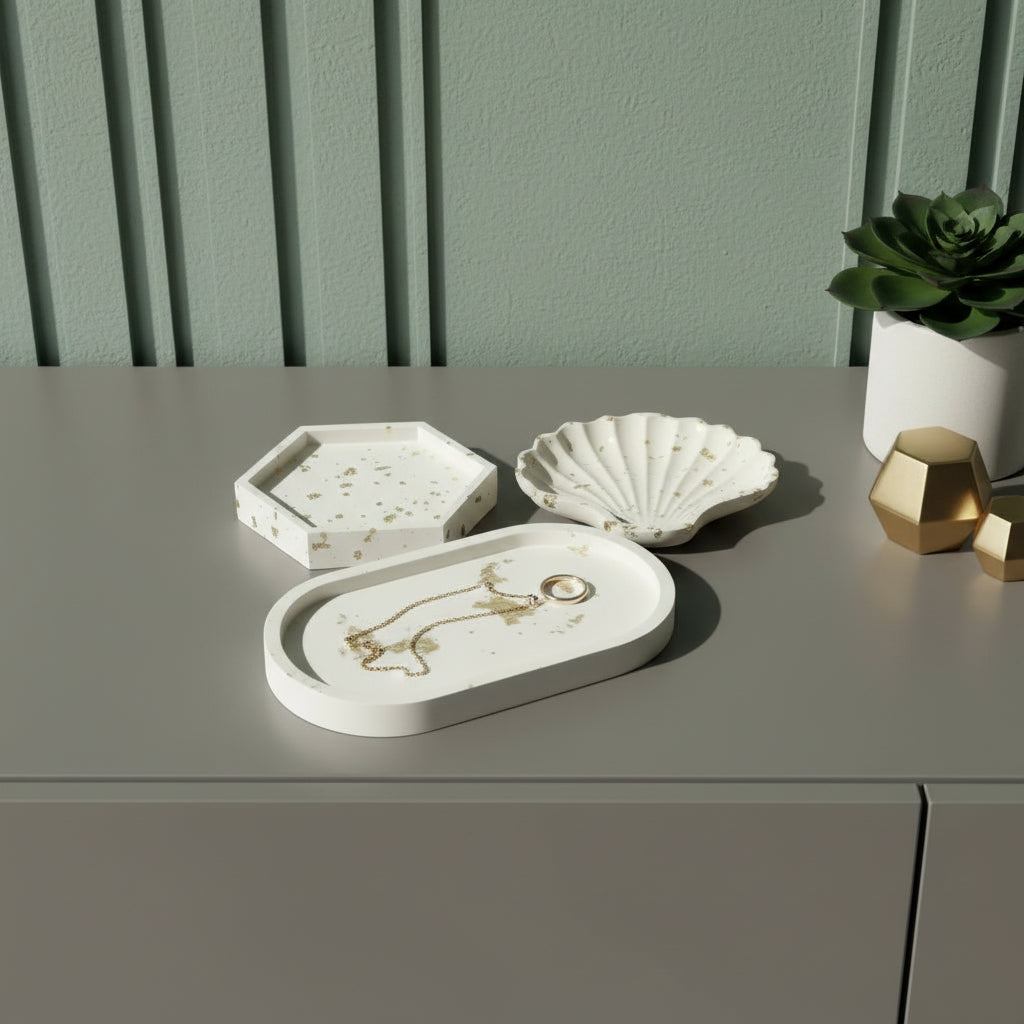 Set of Three Gold And White Resin Handmade Trinket Trays