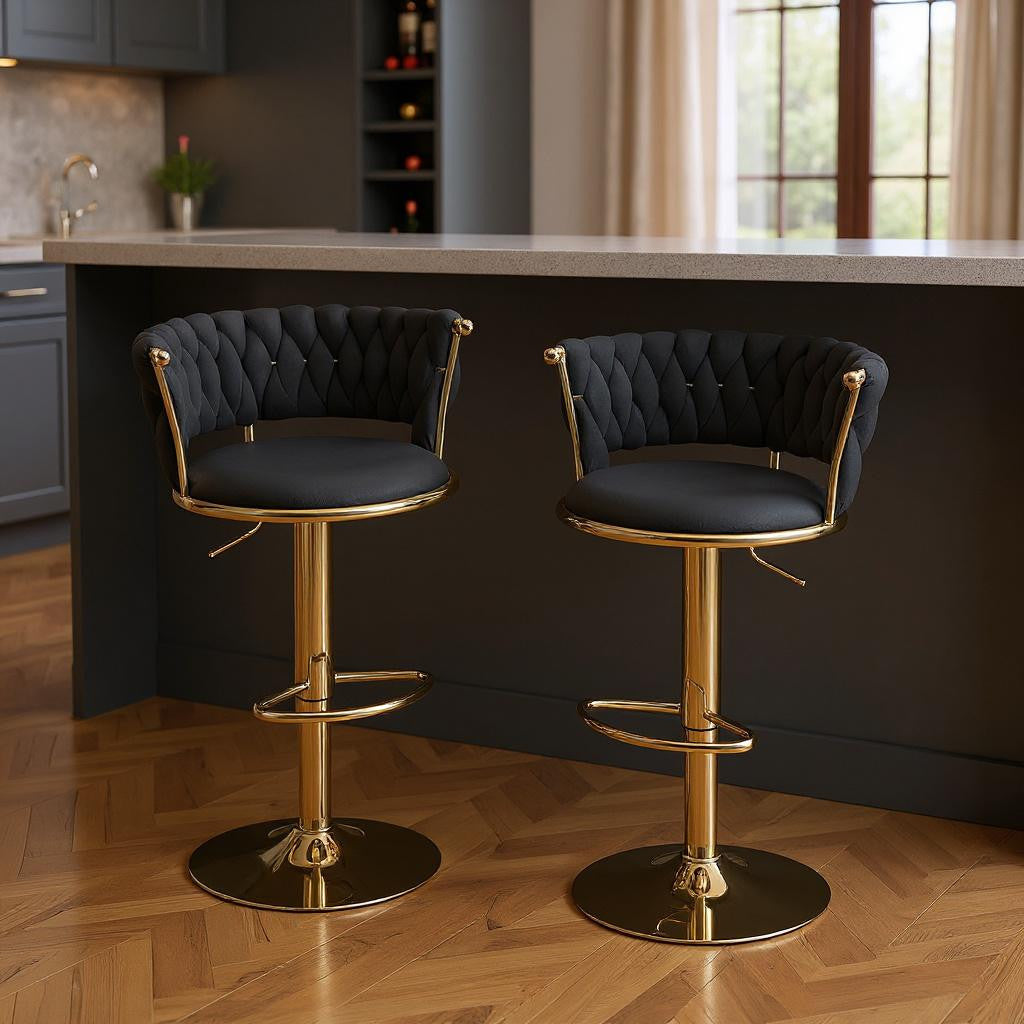 Set of Two Black and Gold Velvet and Metal Low Back Adjustable Height Swivel Bar Chairs