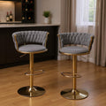 Set of Two Gray and Gold Velvet and Metal Low Back Adjustable Height Swivel Bar Chairs