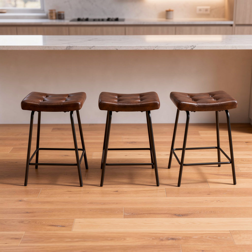 Set of Three 23" Brown and Black Faux Leather and Metal Counter Height Bar Chairs