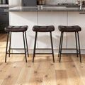 Set of Three 23" Dark Brown and Black Faux Leather and Metal Counter Height Bar Chairs