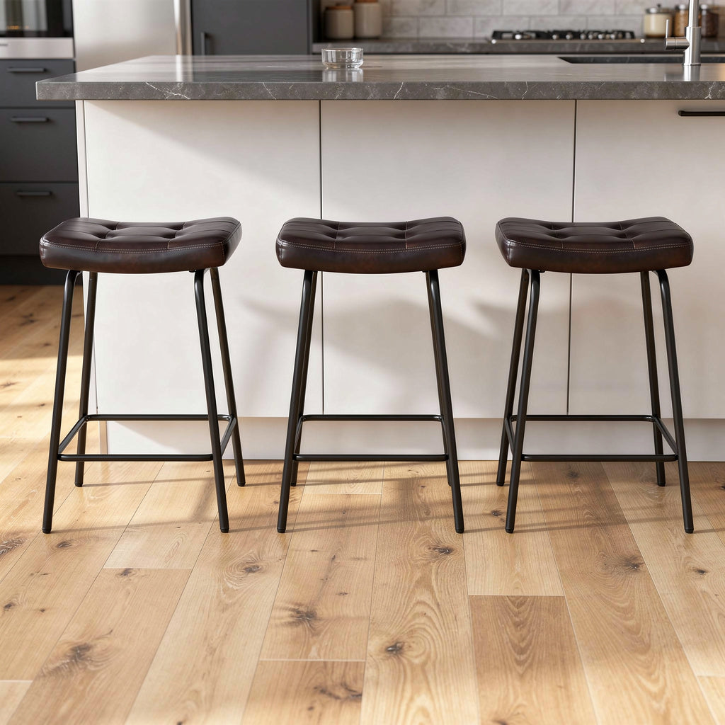 Set of Three 23" Dark Brown and Black Faux Leather and Metal Counter Height Bar Chairs