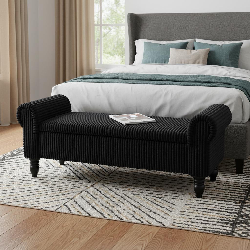 55" Black Corduroy and Solid Wood Upholstered Storage Bench With Flip Top