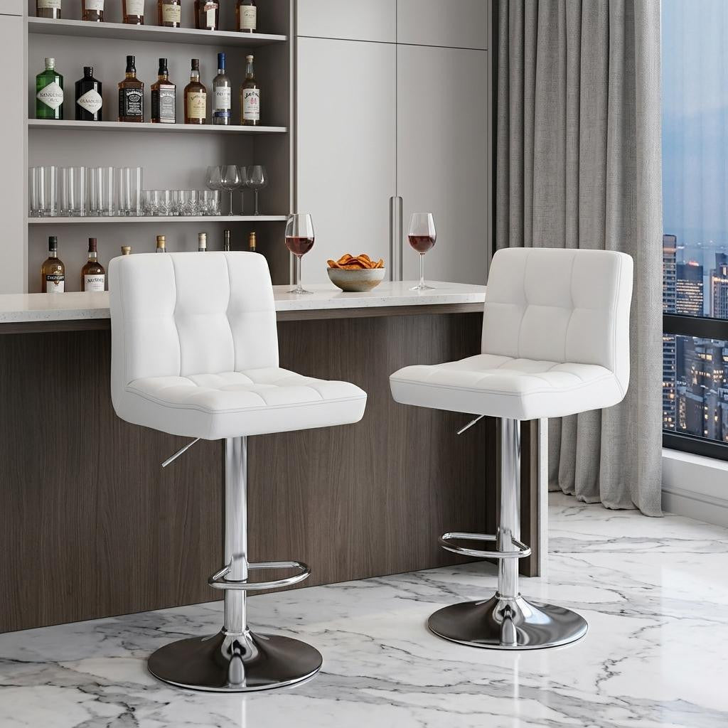 Set of Two White and Silver Faux Leather and Aluminum Adjustable Height Swivel Bar Chairs
