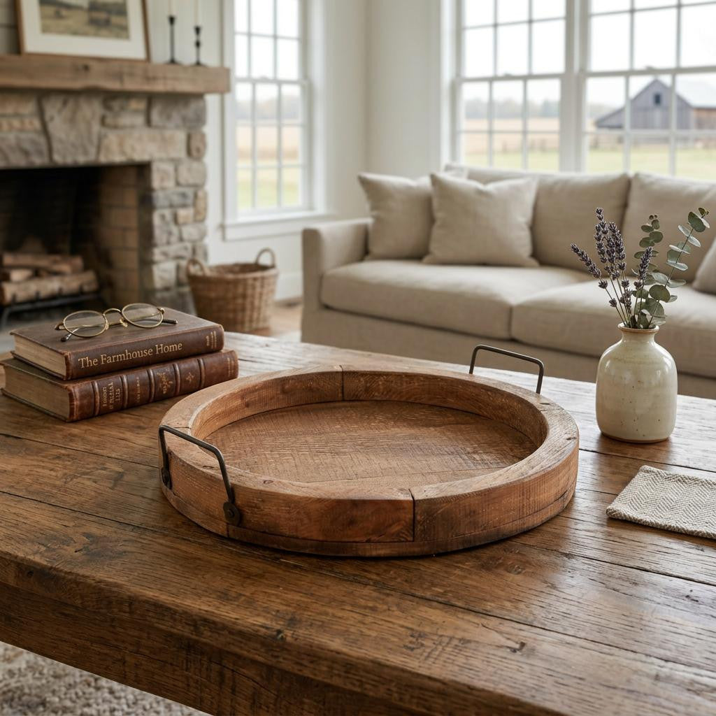 Solid Wood Handmade Round Serving Tray With Handles