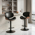 Set of Two Black and Brown Faux Leather Wood And Aluminum Adjustable Height Swivel Bar Chairs