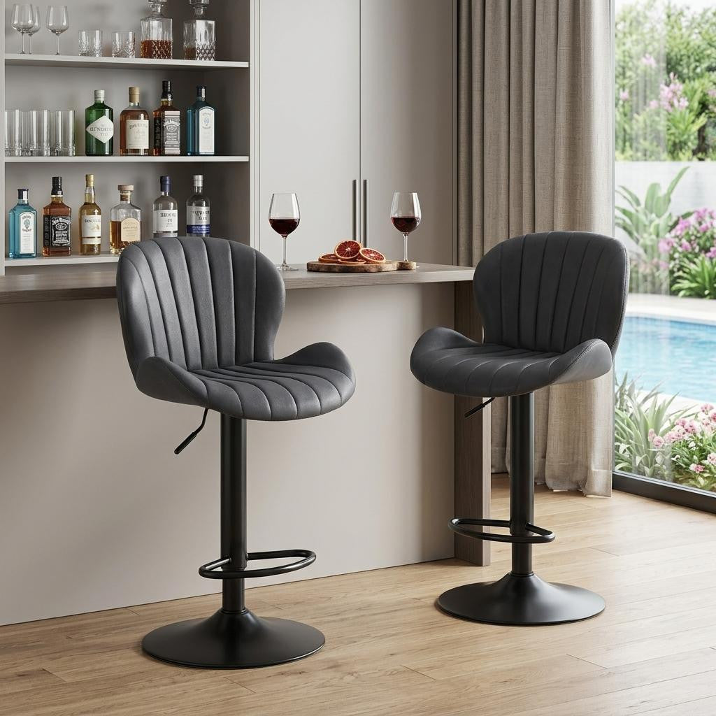 Set of Two Black Faux Leather and Aluminum Adjustable Height Swivel Bar Chairs