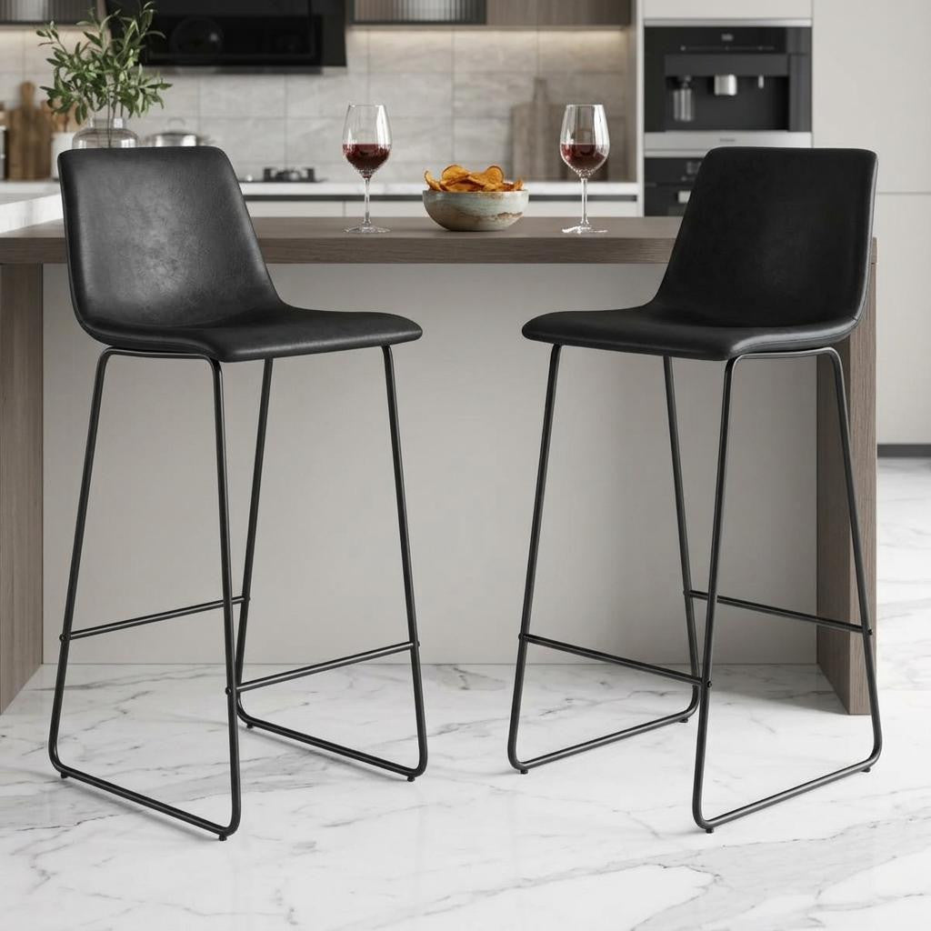 Set of Two 26" Black Faux Leather and Aluminum Counter Height Bar Chairs