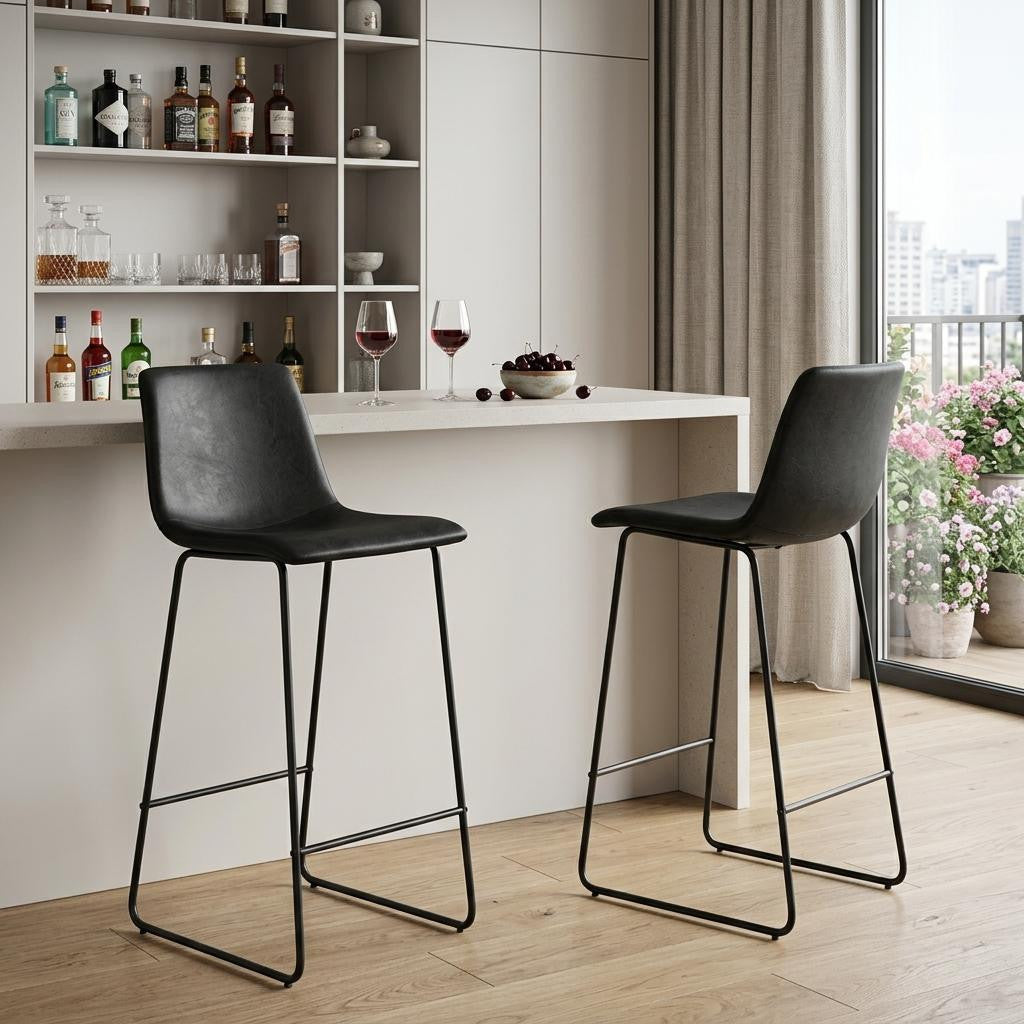Set of Two 29" Black Faux Leather and Aluminum Bar Height Bar Chairs