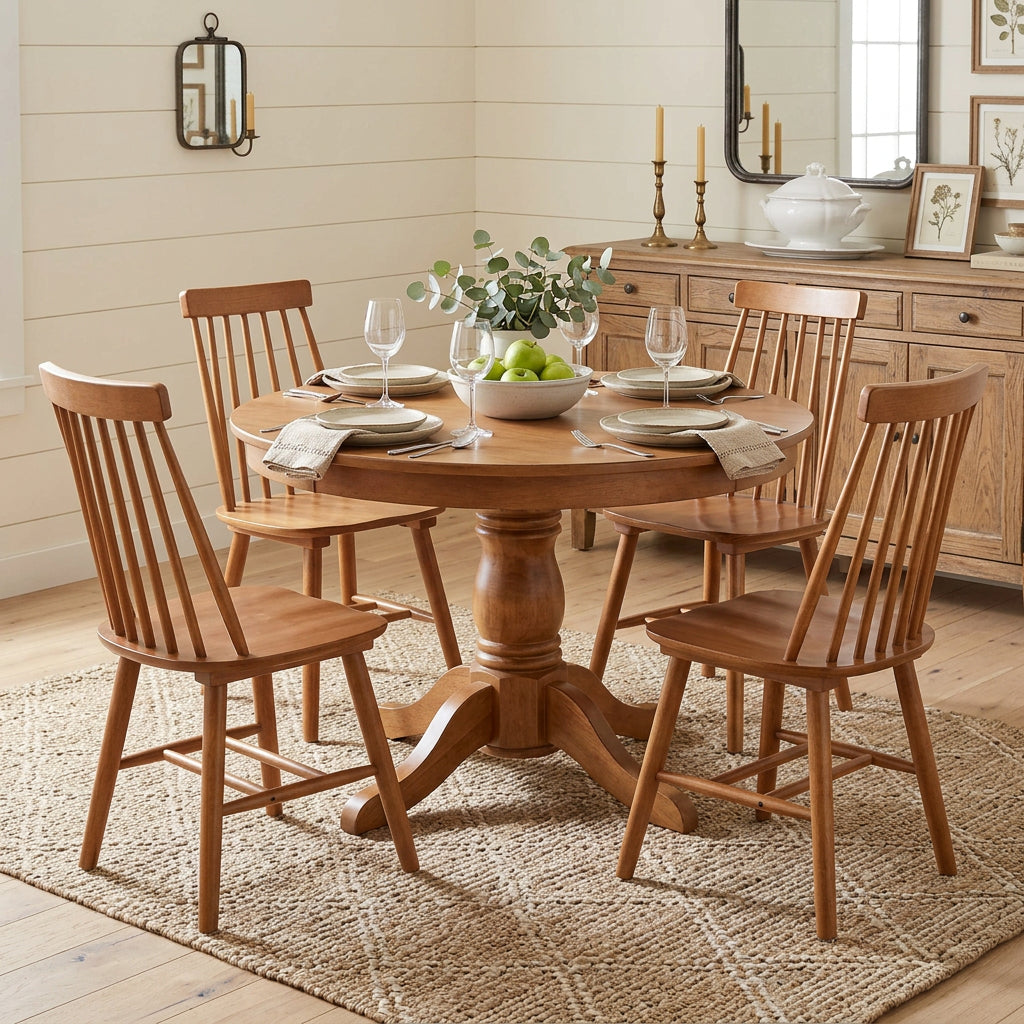 Set of Four Walnut Solid Wood Windsor Back Dining Side Chairs