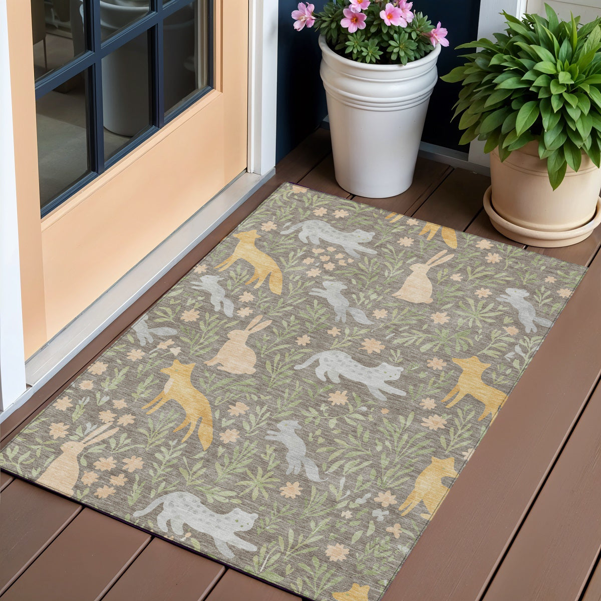 Taupe And Green Forest Animals And Botanical Leaves Washable Area Rug