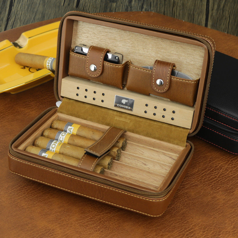 Portable Cigar Box, Cedar Wood Cigar Moisturizing Box, Travel Leather Case, Portable Leather Cigar Humidifying Cigarette Box
