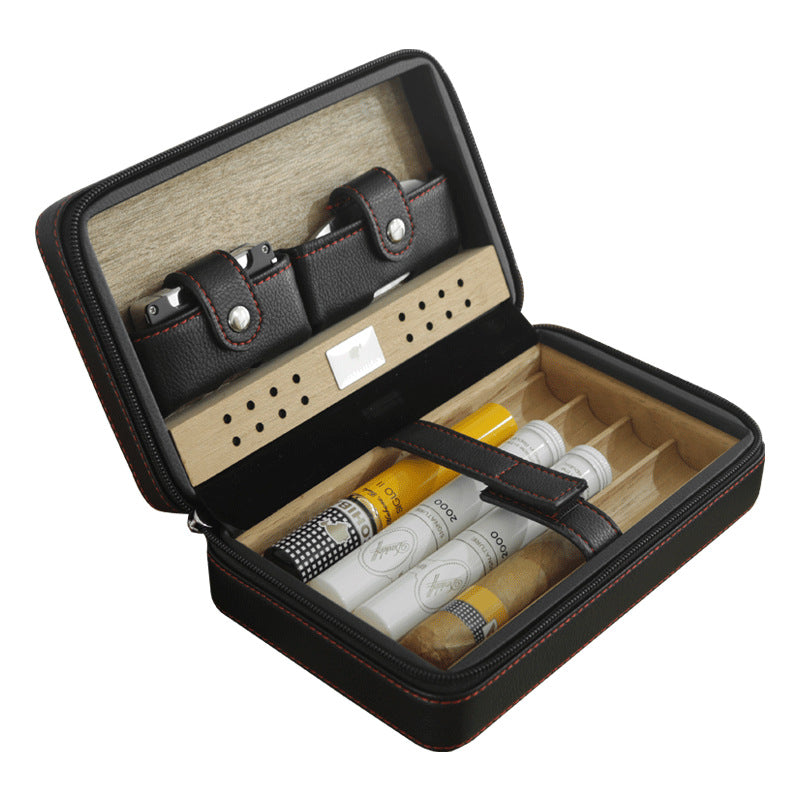 Portable Cigar Box, Cedar Wood Cigar Moisturizing Box, Travel Leather Case, Portable Leather Cigar Humidifying Cigarette Box