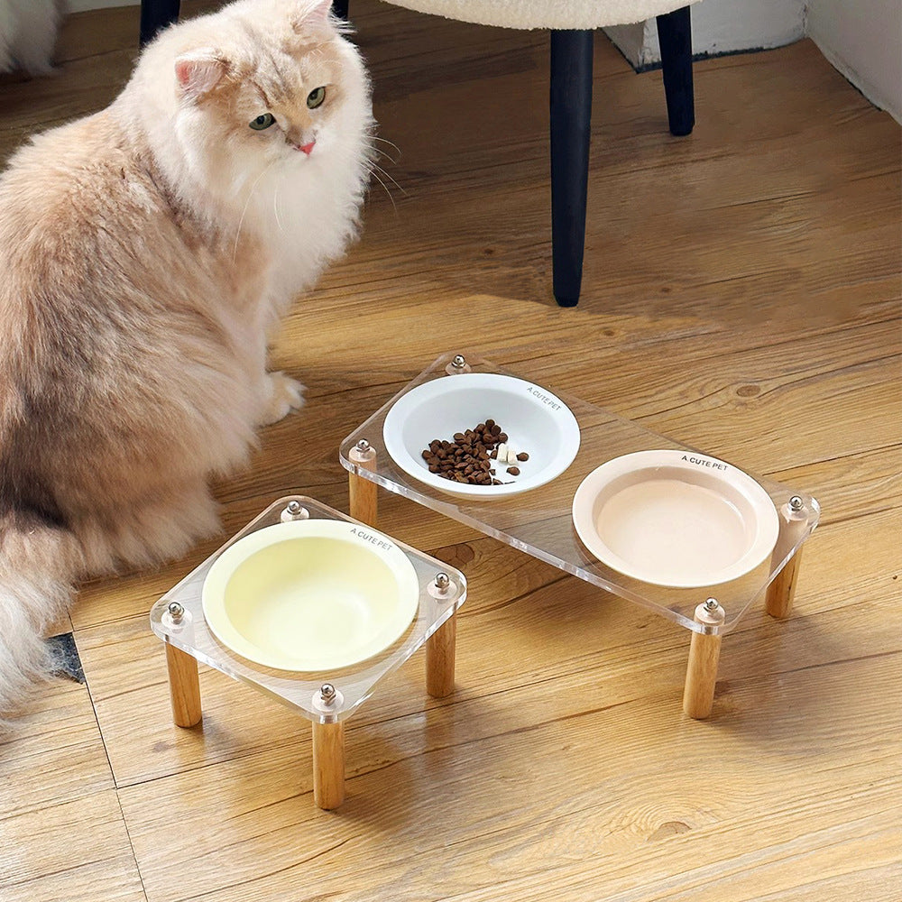 Elevated Ceramic Cat Bowl with Wood Stand