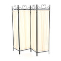 Black Metal 4-Panel Room Divider with Off-White Fabric Screen
