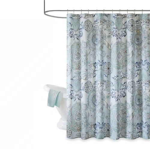 72-inch Cotton Shower Curtain with Blue Watercolor Paisley Floral Motif