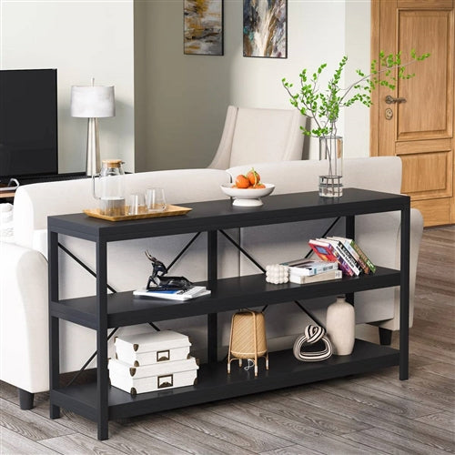 Industrial 55-inch Black Wood Shelf Sofa Table with Heavy Duty Metal Frame
