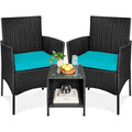 3-Piece Black PE Wicker Outdoor Dining Patio Furniture Set w/ Teal Blue Cushions