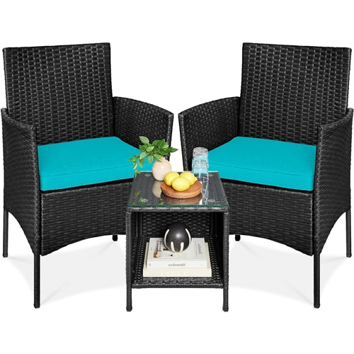 3-Piece Black PE Wicker Outdoor Dining Patio Furniture Set w/ Teal Blue Cushions
