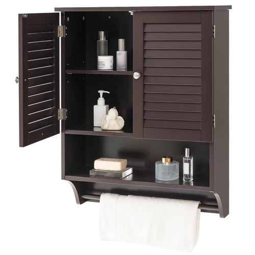 Brown Wall-Mounted Bathroom Medicine Cabinet with Louver Doors and Towel Bar